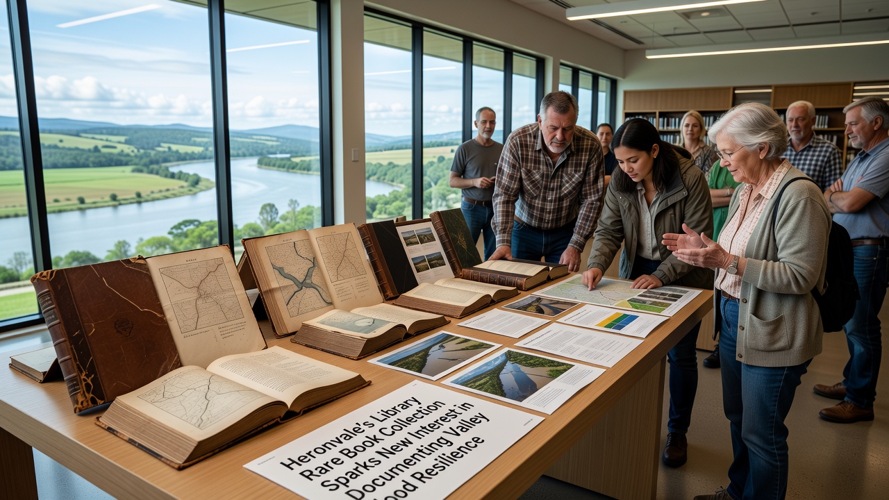 Residents reviewing historical flood documents at a library table, with open archive boxes and digital scanner equipment visible