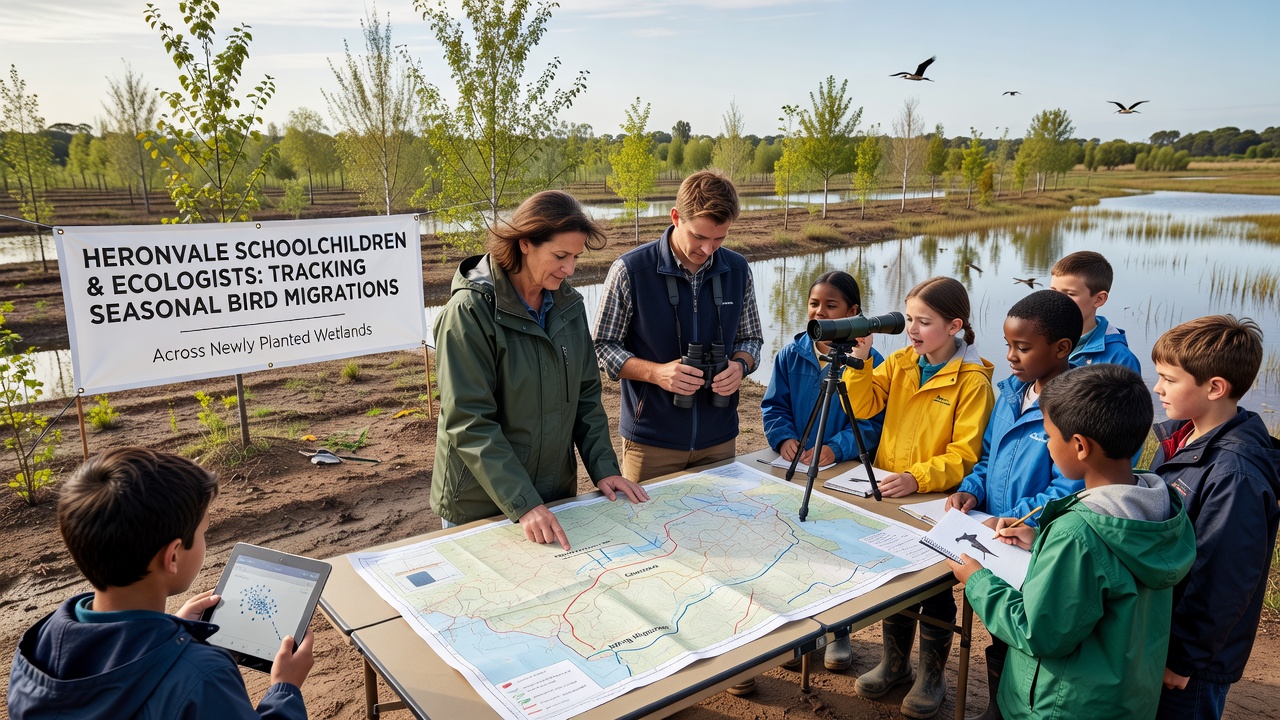 Close-up view of students using binoculars and tablets to record bird sightings in fields near Heronvale school